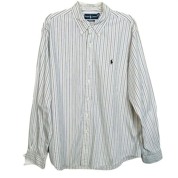 Ralph Lauren Custom Fit White Blue Striped Button-Down Shirt Mens Size XL - Picture 1 of 7